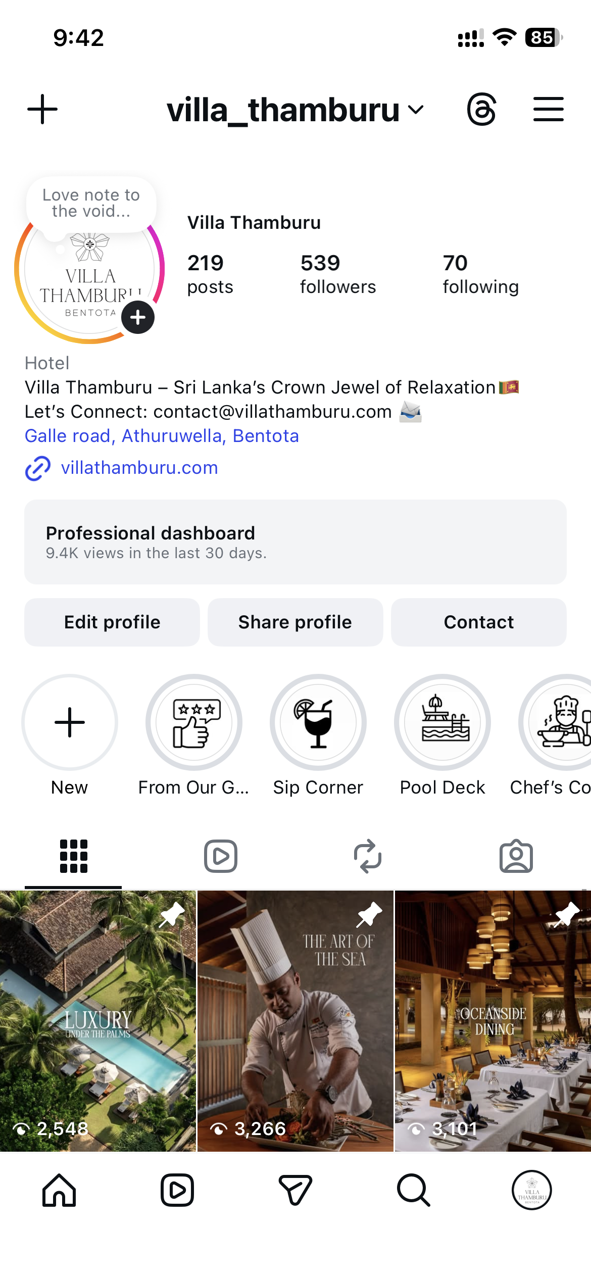 Villa Thamburu Instagram profile showing 9.4K views and refreshed post grid